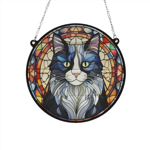 Cat Black & White Stained Glass Effect Suncatcher